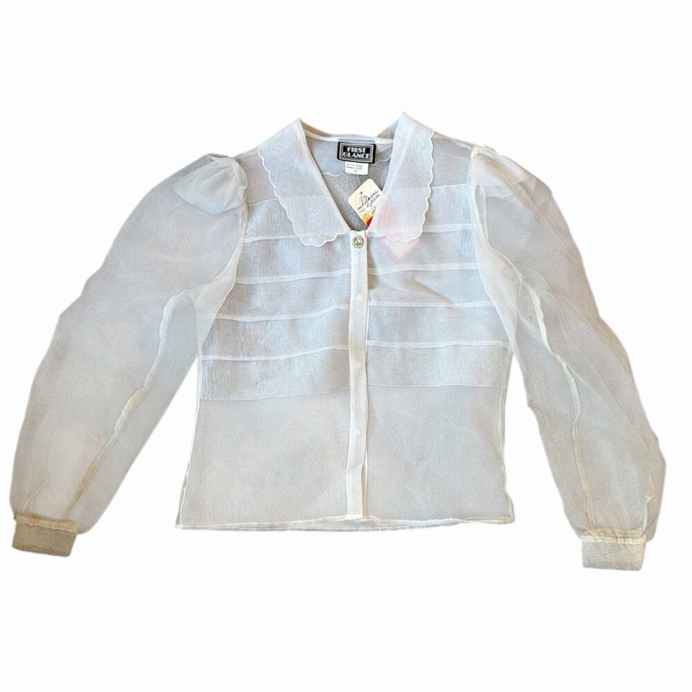 💗NWT Vintage First Glance Women's Sheer Button Up Blouse Scalloped Trim Size 9